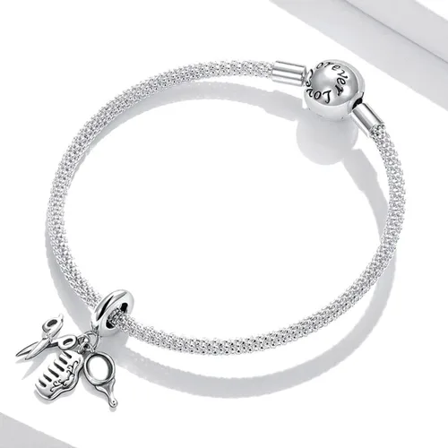 Vista 4 de Tijeras de plata de ley 925, espejo, olla, cuchara, chef, peine de amor para pulsera Pandora