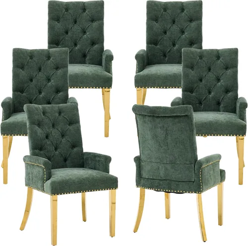 Vista 35 de Sillas de Comedor Tapizadas Acolchadas de Chenilla con Brazos y Ribete de Tachuelas – Marco y Patas de Madera Maciza, Estilo Granja Moderna