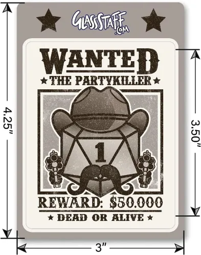 Vista 4 de Glassstaff Wanted Partykiller DND - Calcomanías divertidas de Calabozos y Dragones para hombres y mujeres - Calcomanías geniales para adolescentes