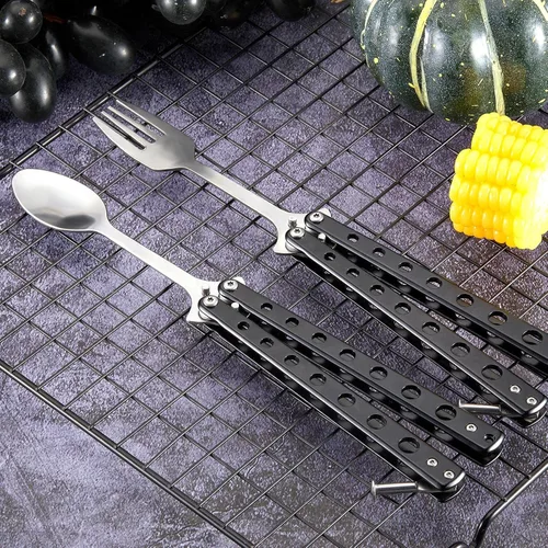 Vista 6 de Flutesan Juego de 2 Piezas de Tenedor y Cuchara Mariposa, Cuchara Táctica Mariposa Plegable de Acero Inoxidable Conjunto de Utensilios Spork