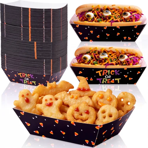 Vista 9 de Yinkin 100 bandejas de papel de Halloween para alimentos, bote de comida