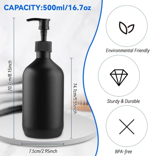 Vista 2 de BOSMOIW - Dispensador de jabón PET negro mate de 500ml / 17 onzas, botella de bomba de champú de plástico, recipientes de jabón de manos vacíos