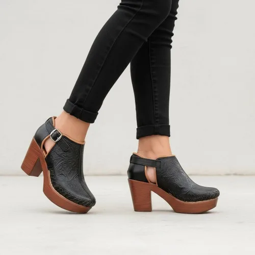 Vista 13 de Botines de piel auténtica grabados mexicanos con correa para mujer - Modelo 490
