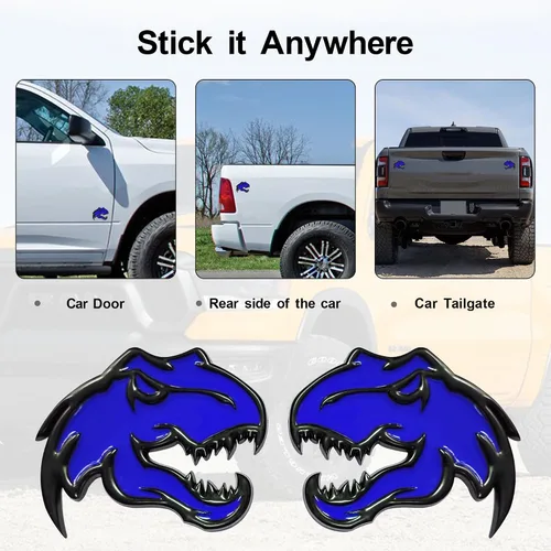 Vista 2 de Un par de pegatinas de metal de dinosaurio para Dodge RAM TRX 1500 2500 3500 Charger Challenger (azul)