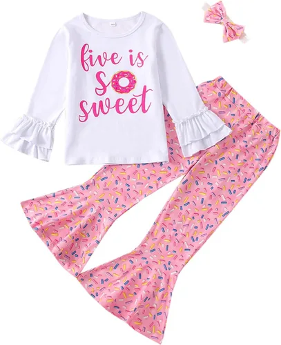 Vista 42 de Conjunto de ropa de cumpleaños para bebé niña pequeña, camiseta de manga larga, pantalones de campana, diadema