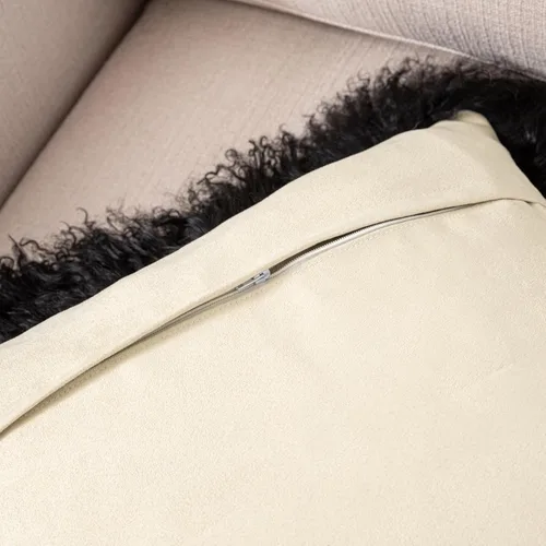 Vista 2 de Funda de almohada de piel de cordero mongol negra lujosa, funda de cojín de piel de oveja suave de felpa, funda de almohada de piel suave, funda