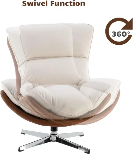 Vista 5 de HEAH-YO Silla giratoria decorativa, moderna silla de sala de estar con respaldo, silla de lectura tapizada de tela de lino sin brazos para Beige
