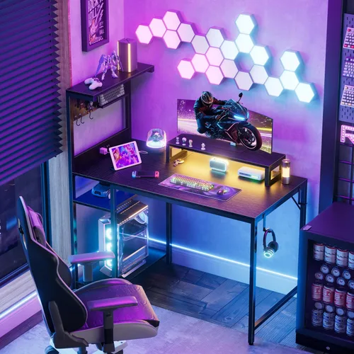 Vista 2 de Escritorio pequeño para juegos de 40 pulgadas con estantes de tablero de clavijas, escritorios para computadora con luces LED, tomas de corriente