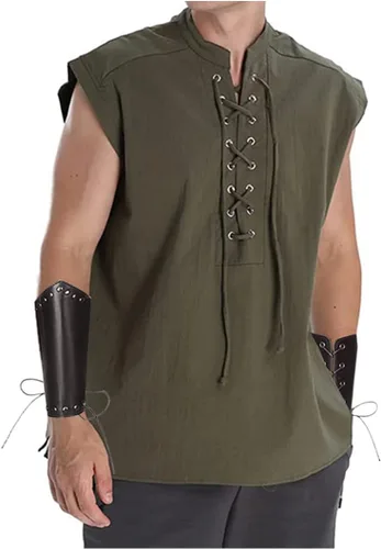 Vista 2 de yolsun Camisa medieval para hombre con 2 brazaletes de cuero medievales para adultos, disfraz vikingo, chaleco gótico pirata