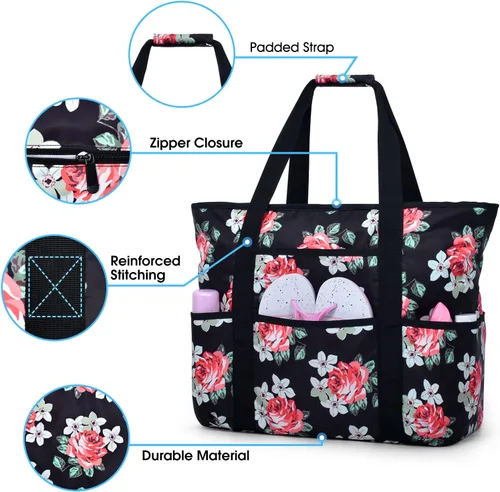 Vista 4 de Becokan Bolsas de playa para mujer, bolsa de playa grande con bolsillos con cremallera, bolsa de playa, impermeable, a prueba de arena, bolsa