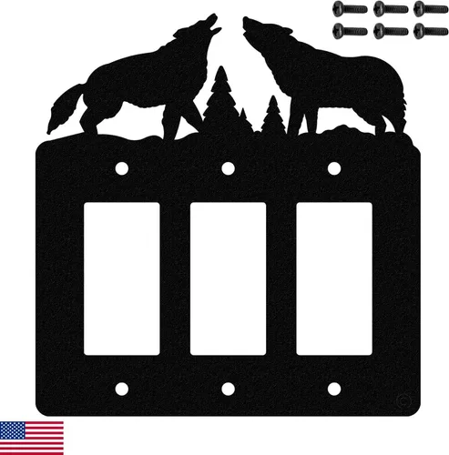 Vista 17 de Interruptor de luz de palanca Howling Wolves y placa de pared dúplex individual (palanca individual con potencia, negro) - Fabricado en Estados