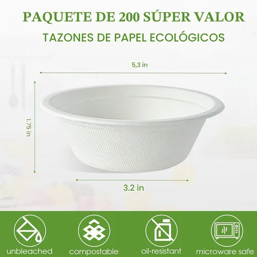 Vista 3 de Vplus Paquete de 200 cuencos de papel de 12 onzas, cuencos desechables compostables a granel, cuencos de bagazo ecológicos, cuencos resistentes 12