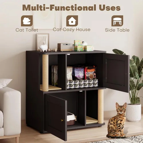 Vista 8 de Caja de arena para gatos para 2 gatos, armario de metal oculto doble con poste rascador para gatos, muebles grandes para baño de mascotas, mesa