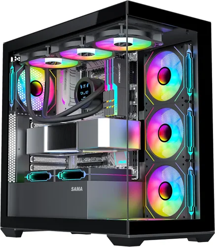 Vista 14 de SAMA V40 Mid Tower ATX Chasis – 6 × 120mm Ventiladores ARGB PWM Pre-Instalados, Paneles de Vidrio Templado Dual, Flujo de Aire Vertical, Diseño