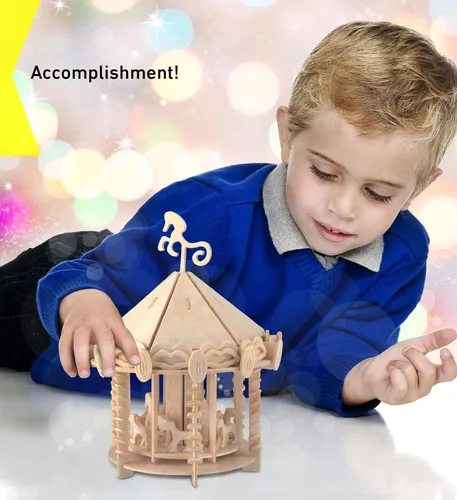 Vista 6 de Puzzled Juego de carrusel de rompecabezas 3D, kit de modelo de construcción de artesanías de madera, divertido y educativo, juguete de madera