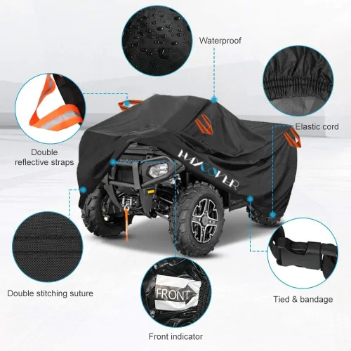Vista 5 de Cubierta impermeable para ATV para Polaris Sportsman, Yamaha Grizzly, Honda Kawasaki, con correas reflectantes, almacenamiento negro, 82 x 47 x 45