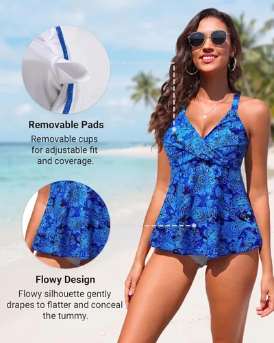 Vista 4 de Traje de baño con aros en la parte superior del tankini con efecto de Azul (Paisley)
