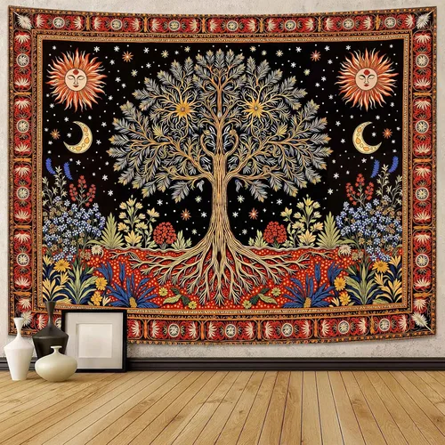 Vista 11 de Lunerfex Tapiz de árbol de la vida, tapiz de pared de fase lunar, tapices verdes para dormitorio, techo, tapices para colgar en la pared
