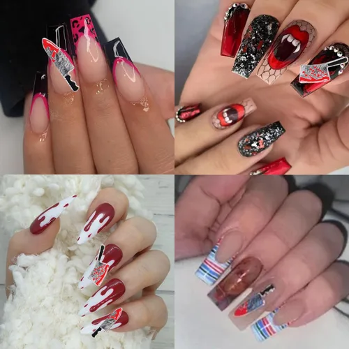 Vista 3 de Abalorios de aleación para uñas de Halloween, cuchillo plateado y rojo de terror, gemas de uñas con cuchillo sangriento metálico 3D, dijes de arte