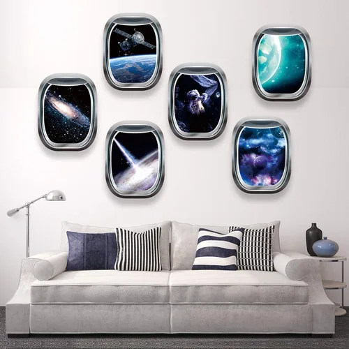 Vista 5 de Blulu 6 calcomanías 3D de pared espaciales, calcomanías de ventana de galaxia para pared, decoración del espacio exterior, cápsula, naves