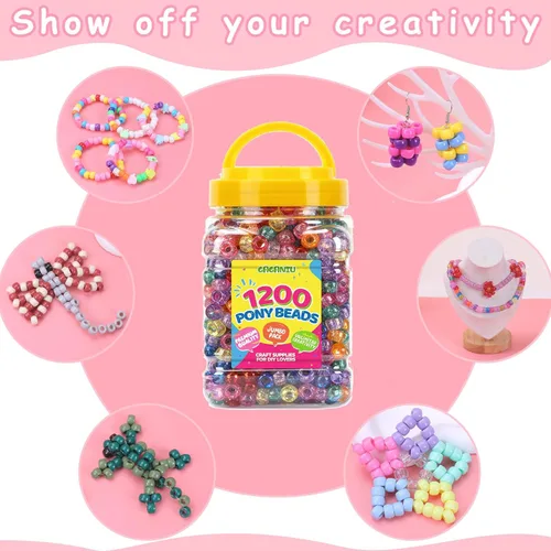 Vista 9 de Cuentas de pony a granel para pulseras, 1200 piezas multicolor + 200 limpiadores de tuberías, hacer cuentas a granel para trenzar el cabello