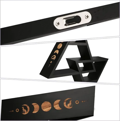 Vista 5 de ANROYE Estante triangular de fases lunares con ganchos, estantes de cristal de madera negra Wiccan para almacenamiento de joyas de mujer, piedra
