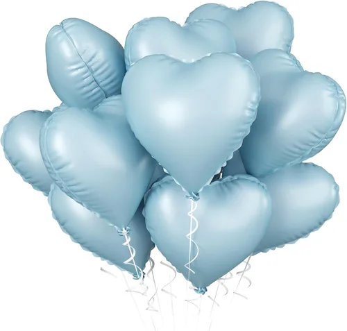 Vista 13 de Globos de corazón azul bebé, 10 piezas de globos en forma de corazón azul claro y blanco pastel, globos de papel de aluminio blanco arena crema