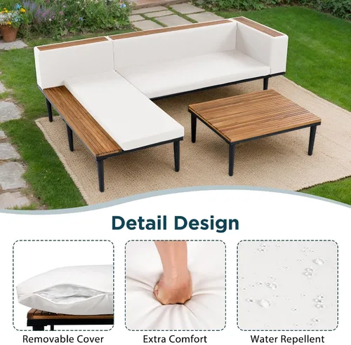 Vista 5 de KLMM Sofá modular de madera de acacia en forma de L para patio con cojines extraíbles y mesa auxiliar, juego de conversación al aire libre con mesa