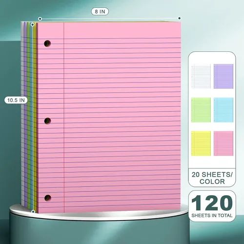 Vista 2 de 120Sheets Loose Leaf Paper 8 X 10.5, 3 Hole Punched ，20 Sheets