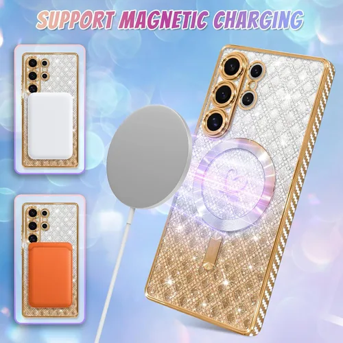 Vista 347 de Bonoma - Funda compatible con Samsung Galaxy S21 Plus, diseño de corazón con purpurina, color rosa Support for MagSafe, Plating Magnetic Case TPU