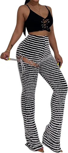 Vista 3 de Women Summer Skinny Striped Long Pants High Waist Hollow Out Tie-up Slim Fit Trousers Streetwear