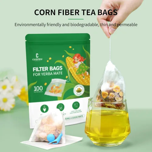 Vista 2 de Infusor de té desechable de fibra de maíz, bolsas de filtro de té con cordón para hojas sueltas, yerba mate, material seguro y natural, 3.94 x 3.15