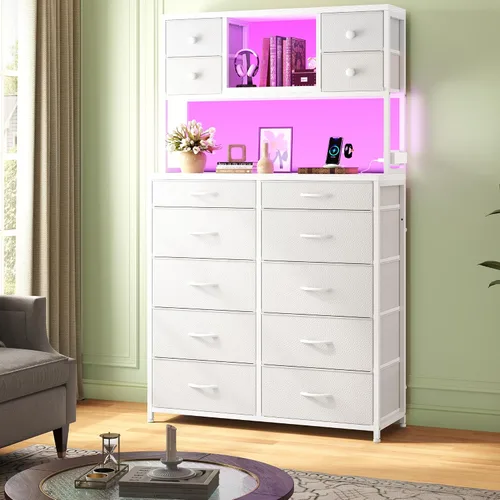Vista 8 de Cómoda de tela blanca de 62 pulgadas de alto para dormitorio con cajones grandes, cómodas con luces LED y estación de carga, cómoda resistente