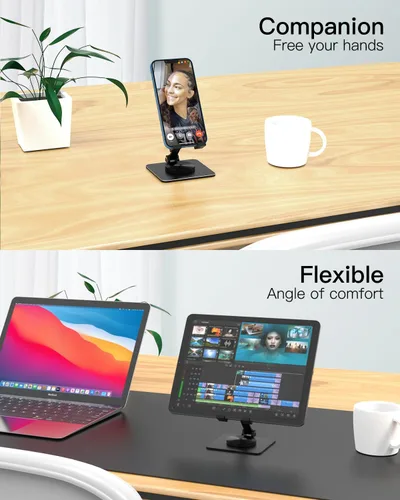Vista 6 de Soporte para teléfono celular y tableta para escritorio, soporte ajustable de aluminio para iPhone, iPad y teléfonos inteligentes Montura