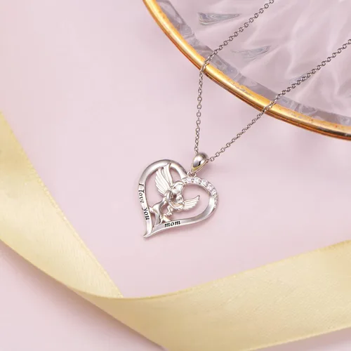 Vista 5 de Mama Bear Mama - Collar de plata de ley con colgante de oso en corazón con 1 2 3 cachorros