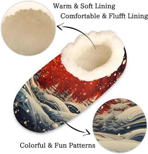 Vista 3 de Pantuflas mullidas antideslizantes para mujer con forro esponjoso, acogedoras pantuflas de dormitorio para mujer Abstract Red Snowflake Pine Trees