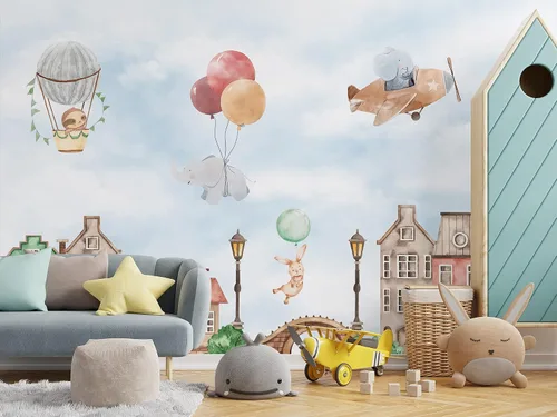 Vista 4 de Kids Wallpaper Cute Dutch Houses with Flying Animals Wall Mural (STYLE 1)