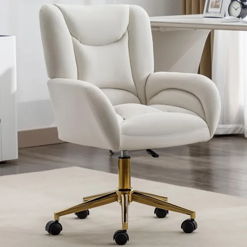 Vista 10 de Silla de escritorio de terciopelo suave cómoda con patas y ruedas de metal dorado, silla de oficina cómoda giratoria de 360 grados con altura Verde