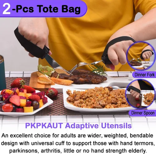 Vista 2 de Utensilios adaptativos para pacientes de Parkinson, personas mayores, utensilios pesados para temblores de mano, utensilios para comer para personas