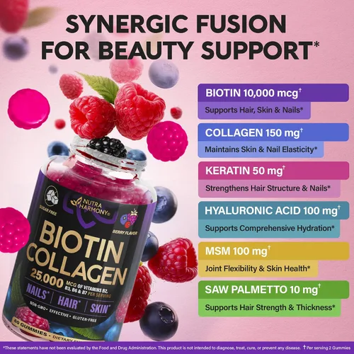 Vista 5 de Gomitas de biotina con colágeno - Soporte para el crecimiento del cabello, fortaleza de la piel y las uñas - para mujeres y hombres - Biotina 10 000