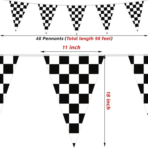 Vista 5 de HOOSUN Bandera a cuadros para decoración de cumpleaños de coches de carreras, 98 pies, 48 piezas, bandera a cuadros, suministros de fiesta, banderas