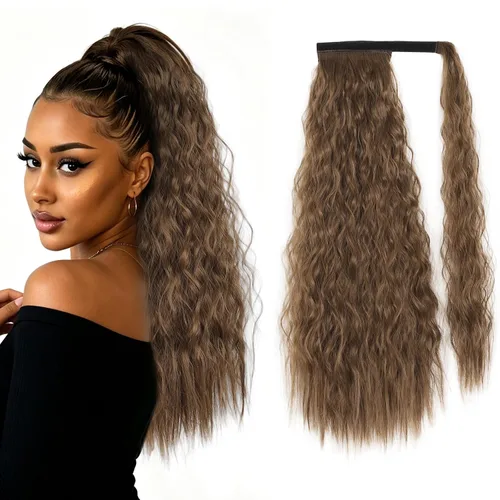 Vista 15 de Extensión de cola de caballo larga con ondas de maíz, pasta mágica, resistente al calor, ondulada, sintética, envolvente, extensión de cola