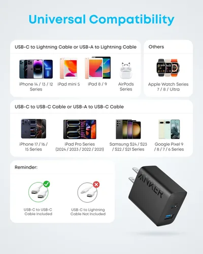 Vista 8 de Anker Cargador de teléfono, bloque de cargador USB C de 20 W, cargador tipo Negro