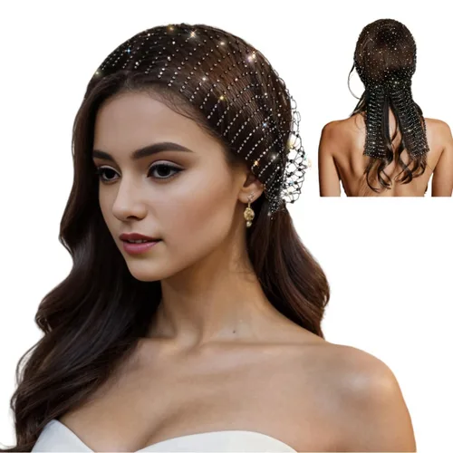 Vista 5 de Bufanda para la cabeza con diamantes de imitación para mujer, gorra elástica, turbante, diadema de discoteca, gorra de malla de cristal, redecillas