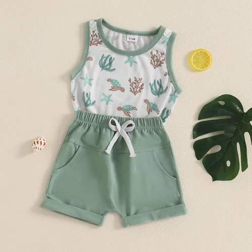 Vista 51 de Ropa de bebé niño sin mangas + pantalones cortos con estampado a rayas con bolsillos, 2 piezas de trajes de verano