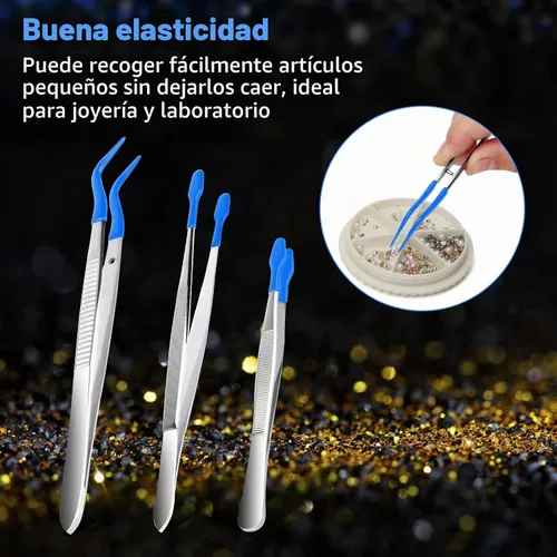 Vista 4 de 3 piezas de pinzas de punta, pinzas de punta plana de goma de silicona con punta doblada para joyería, monedas y sellos (Azul)