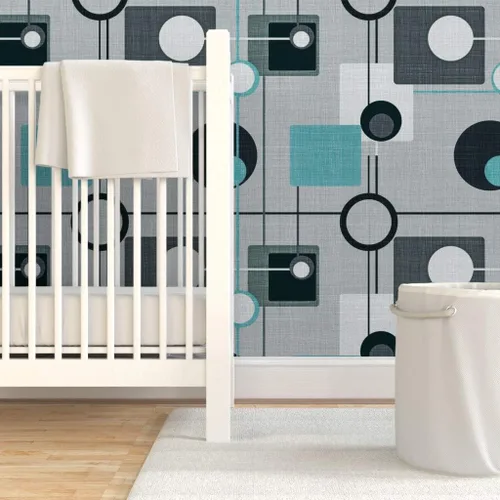 Vista 6 de Papel tapiz para despegar y pegar – Orbs Squares Grey Aqua Black White Vintage Blue Retro Circles Papel pintado personalizado extraíble por