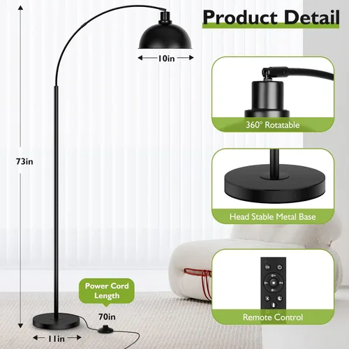 Vista 2 de Lámparas de pie de arco para sala de estar, moderna lámpara de pie alta con control remoto, lámpara de pie negra regulable continua con pantalla