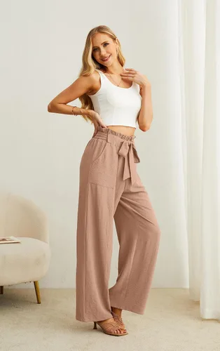 Vista 5 de IWOLLENCE - Pantalones de pierna ancha para mujer con bolsillos, cintura alta, nudo ajustable, holgados, casuales, para trabajo y negocios