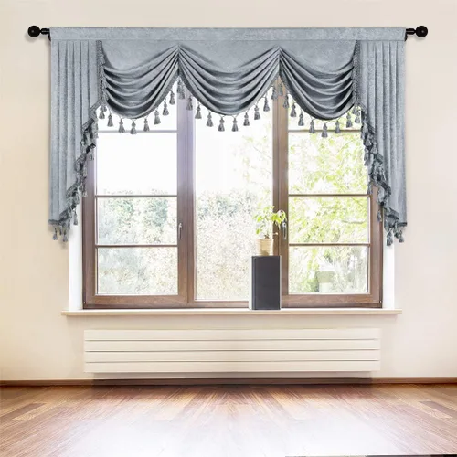 Vista 15 de ELKCA Cenefa de cortina de felpilla beige para ventana de sala de estar, cenefa de cascada para dormitorio, bolsillo para barra